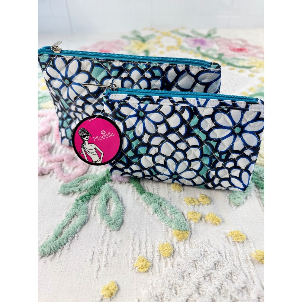 Modella 2 Piece Cosmetic Bag Set Blue Floral Quilted Makeup Pouch Purse Kit NWT